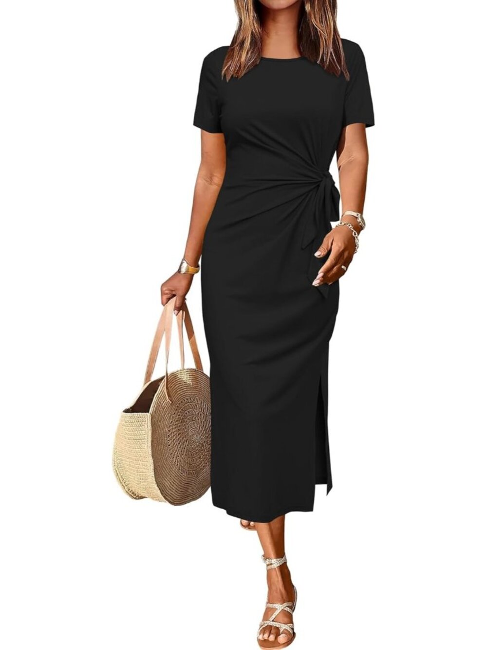 Women's Black Casual Short/Long Sleeve Crewneck T Shirt Maxi Dress Tie Waist